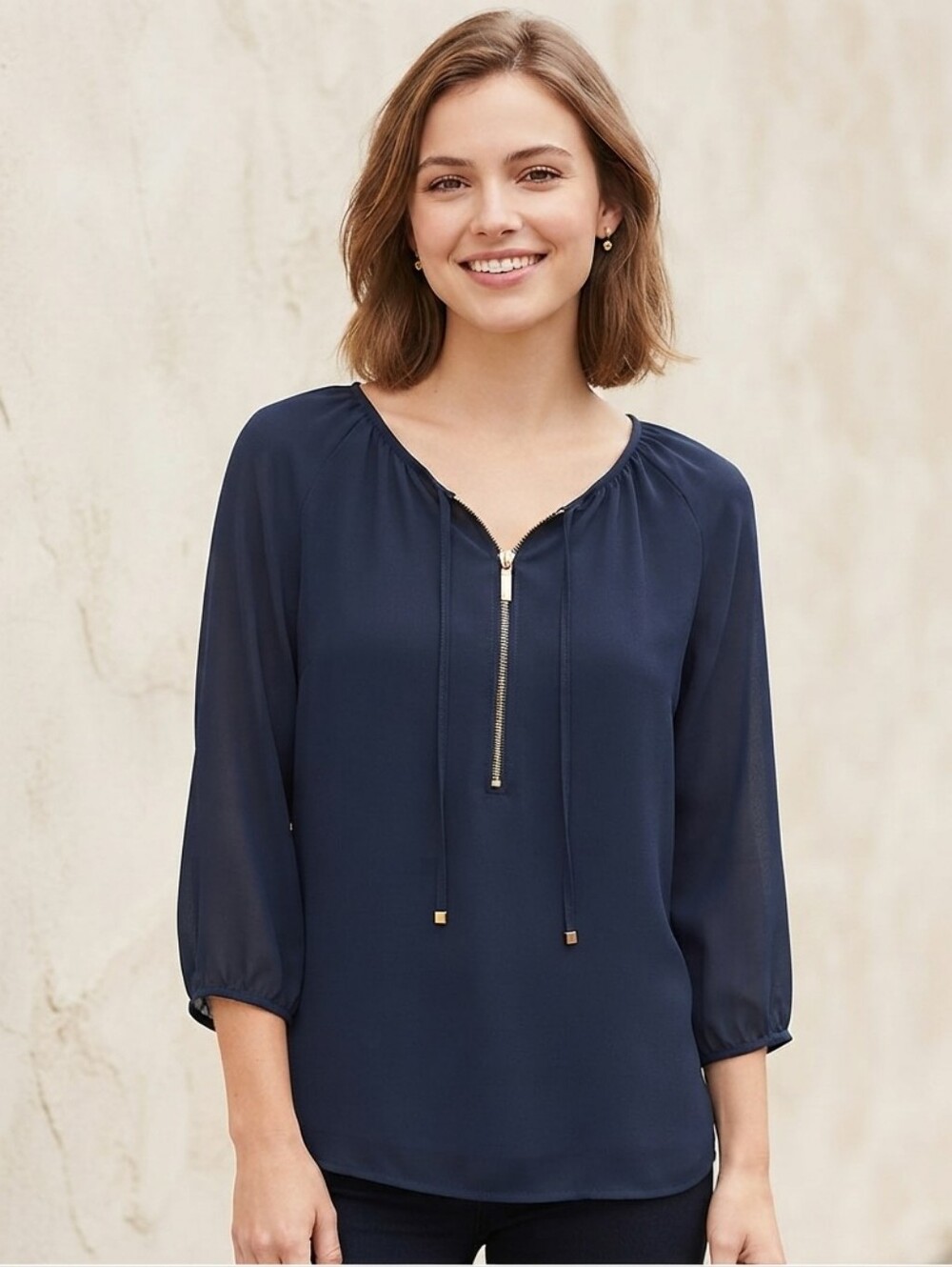 MICHAEL Michael Kors Navy Blouse with Gold Zipper